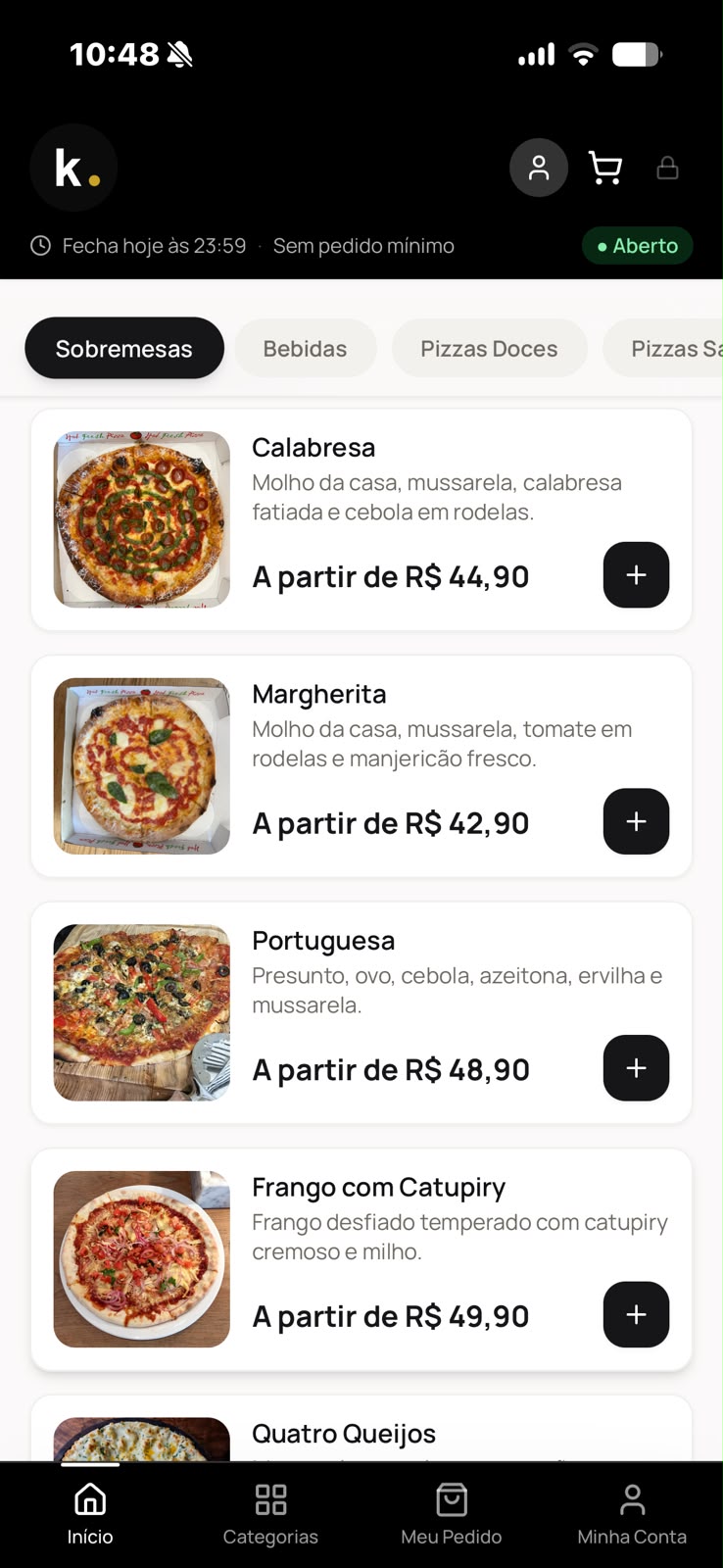 Cardápio da loja aberto no celular do cliente